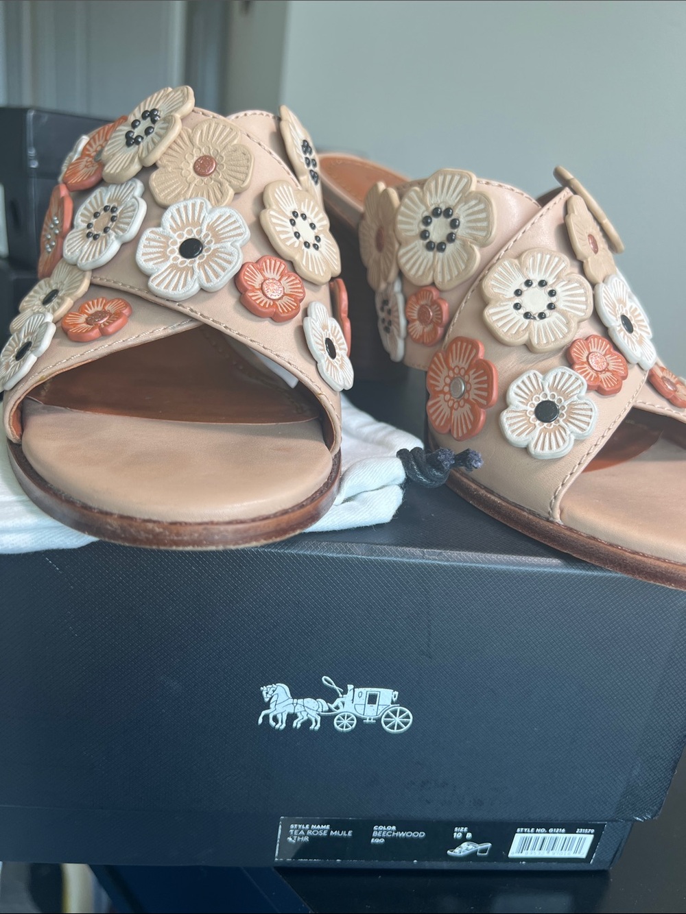 Coach Beige Floral Appliqué Leather Slide Sandals with Cream & Coral Flowers